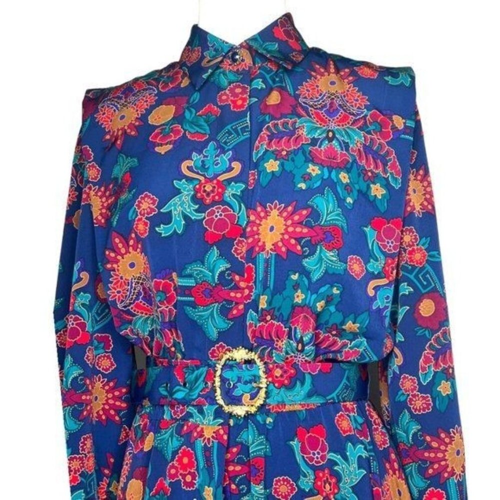 Schrader Long Sleeve 80s Floral Shirt Belted Dress With Jewel Button Cuffs Sz 8 - Picture 13 of 16